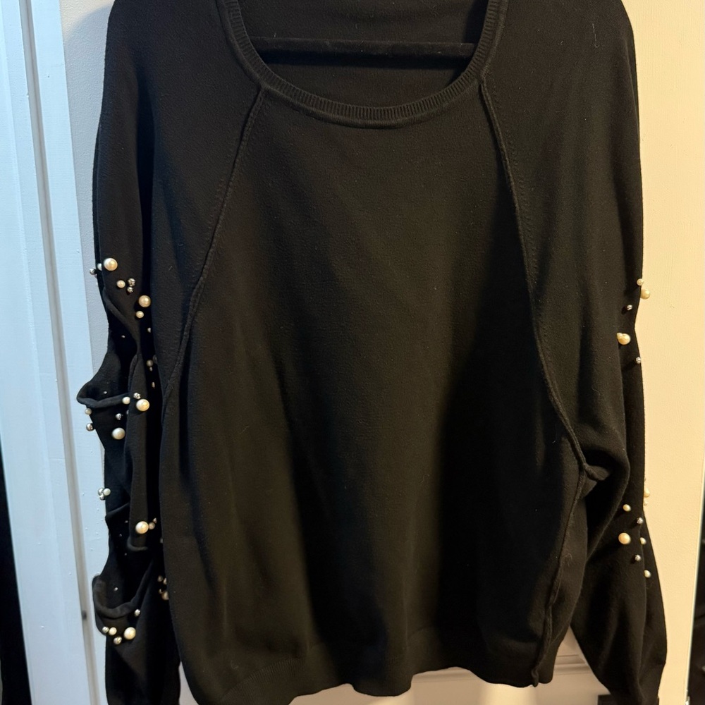 ZARA Knit Black Sweater with Pearl Embellished Cut-Out Sleeves